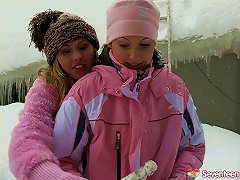 Lesbian Chicks Warming Up By Having Sex Outdoors In The Snow